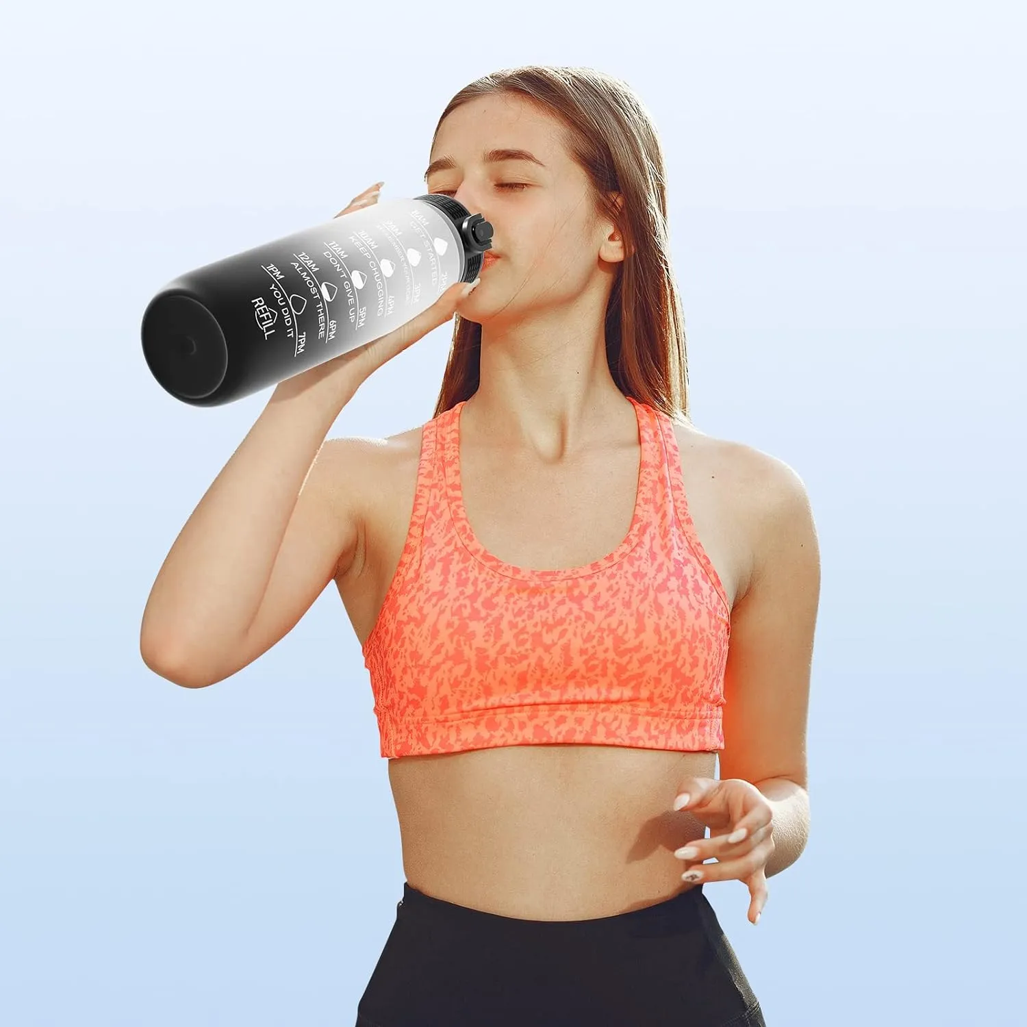 1L Motivational Water Bottle with Straw & Time Marker -Black