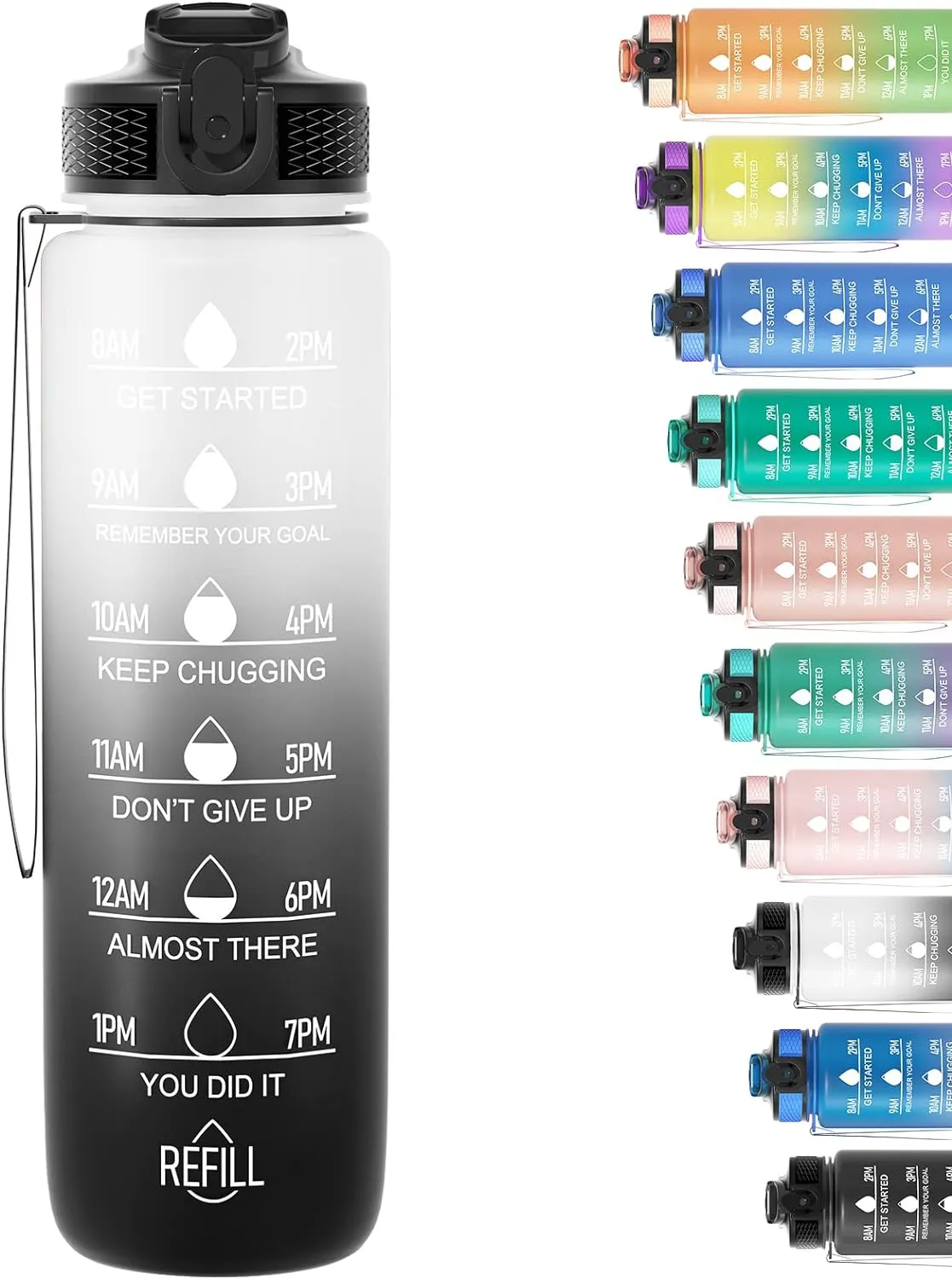 1L Motivational Water Bottle with Straw & Time Marker -Black