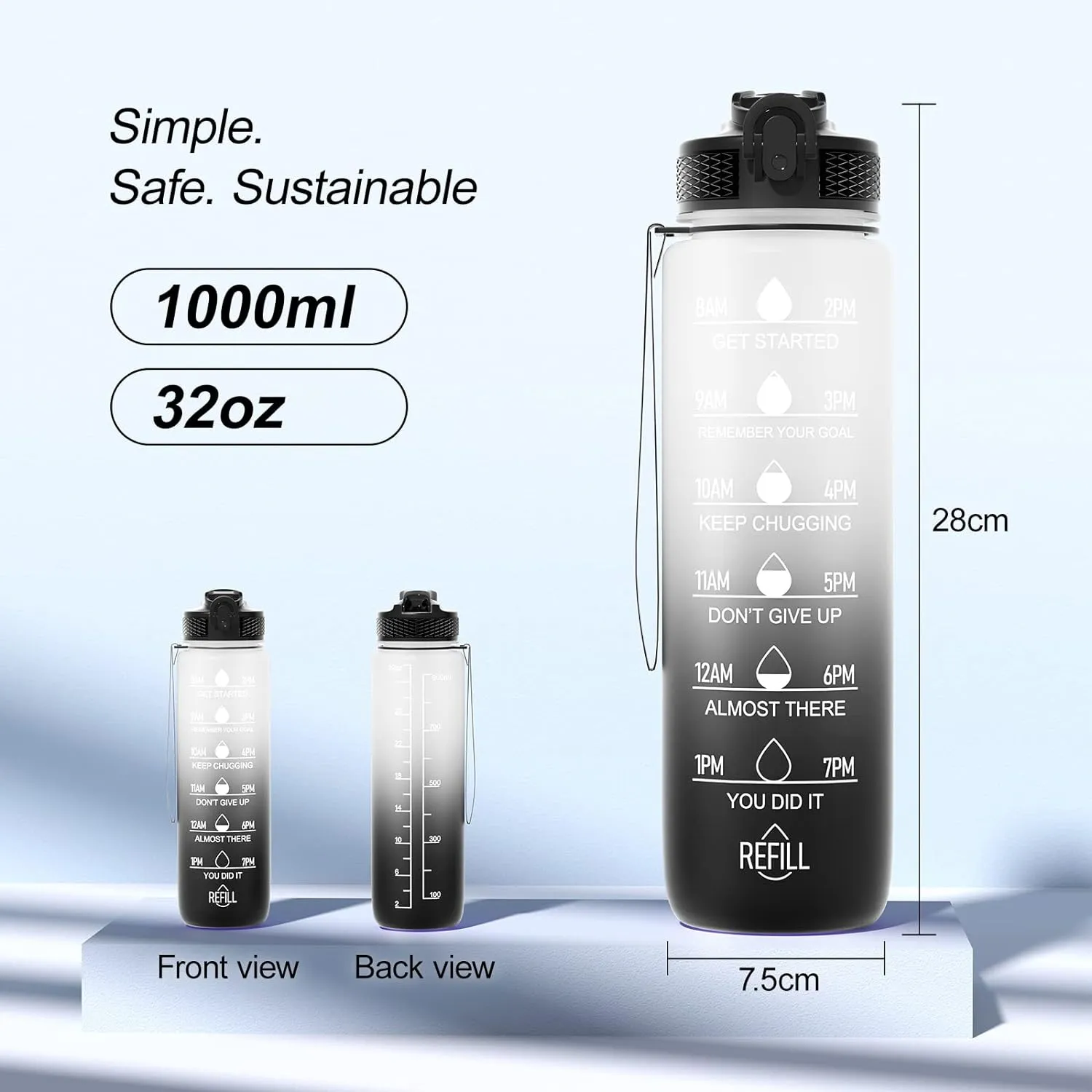 1L Motivational Water Bottle with Straw & Time Marker -Black