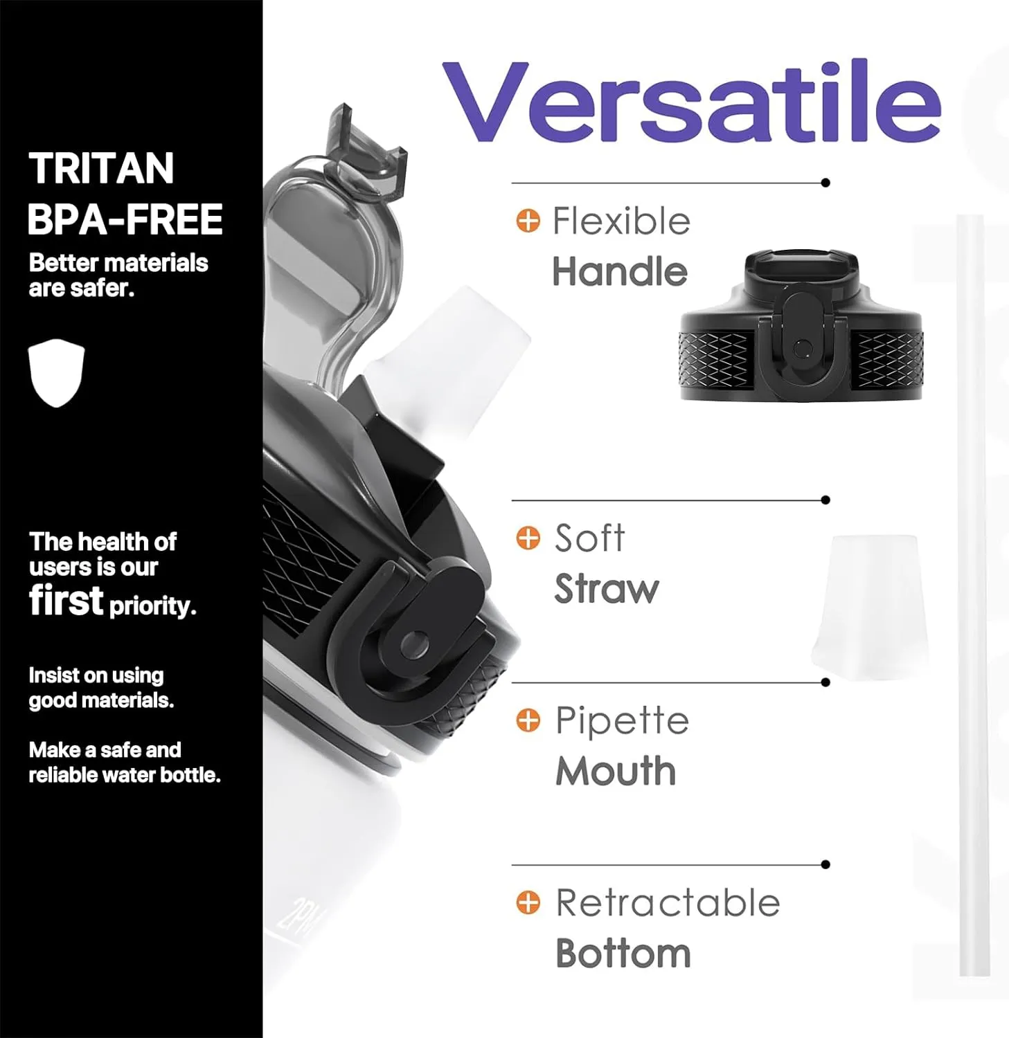 1L Motivational Water Bottle with Straw & Time Marker -Black