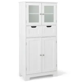3 Tier Freee-Standing Bathroom Cabinet with 2 Drawers and Glass Doors-White