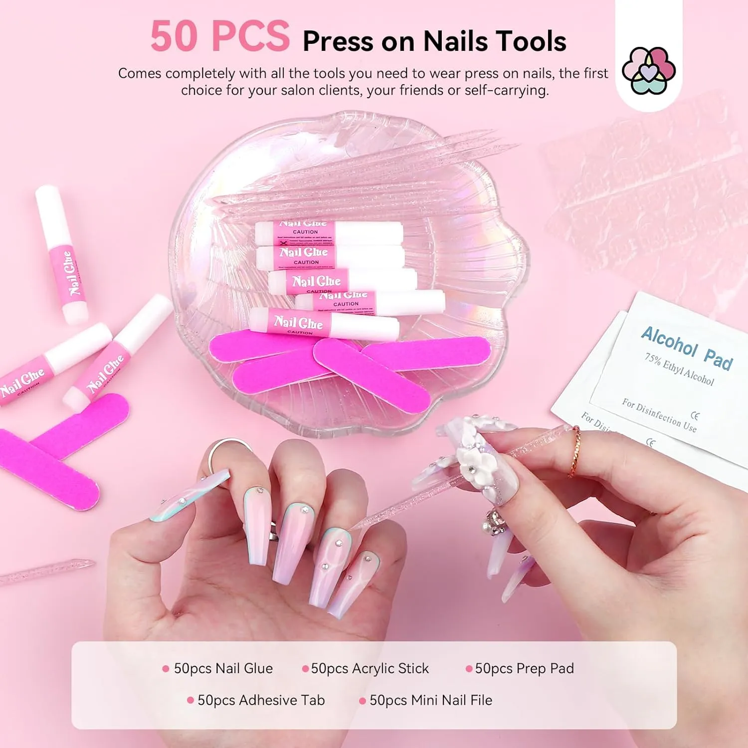 50PCS Press on Nail Tool Kit: Nail Prep Kit with Nail Glue, Adhesive Tabs, Mini Nail File, Acrylic Sticks, Prep Pads