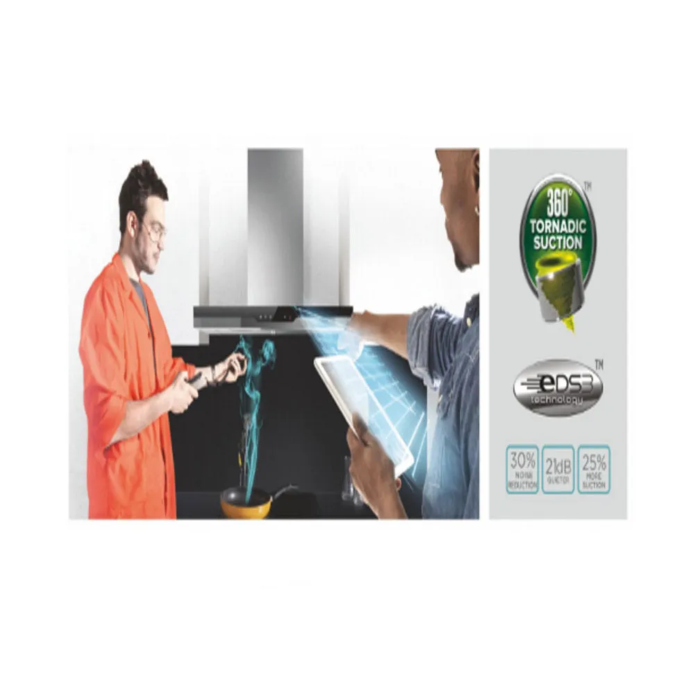 Deep Silence Kitchen Chimney GLACE EDS HE LTW 90 BK NERO T4V LED S  with Tornadic suction 1010 Suction