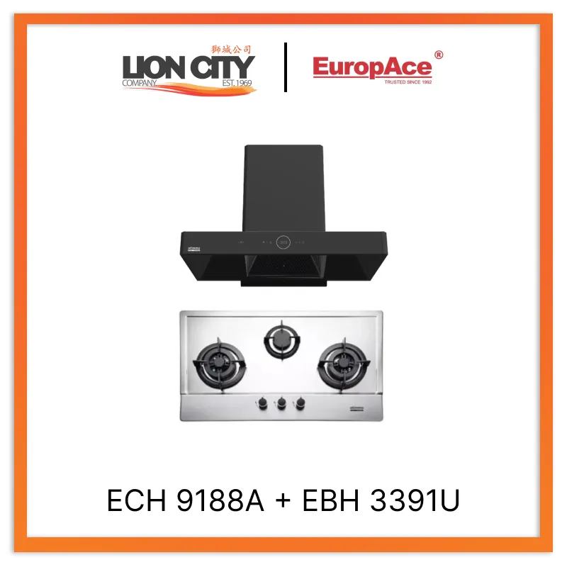 Europace ECH9188A 90CM Premium T-Chimney Hood   EBH3391U Otimmo 3 Burner 90cm Slim Built-in Gas Hob Cooker  (Stainless Steel)