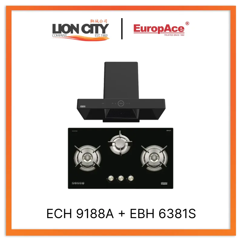 Europace ECH9188A 90CM Premium T-Chimney Hood   EBH6381S 3 Burner 80cm Slim Gas Cooker Hob (Schott Glass)