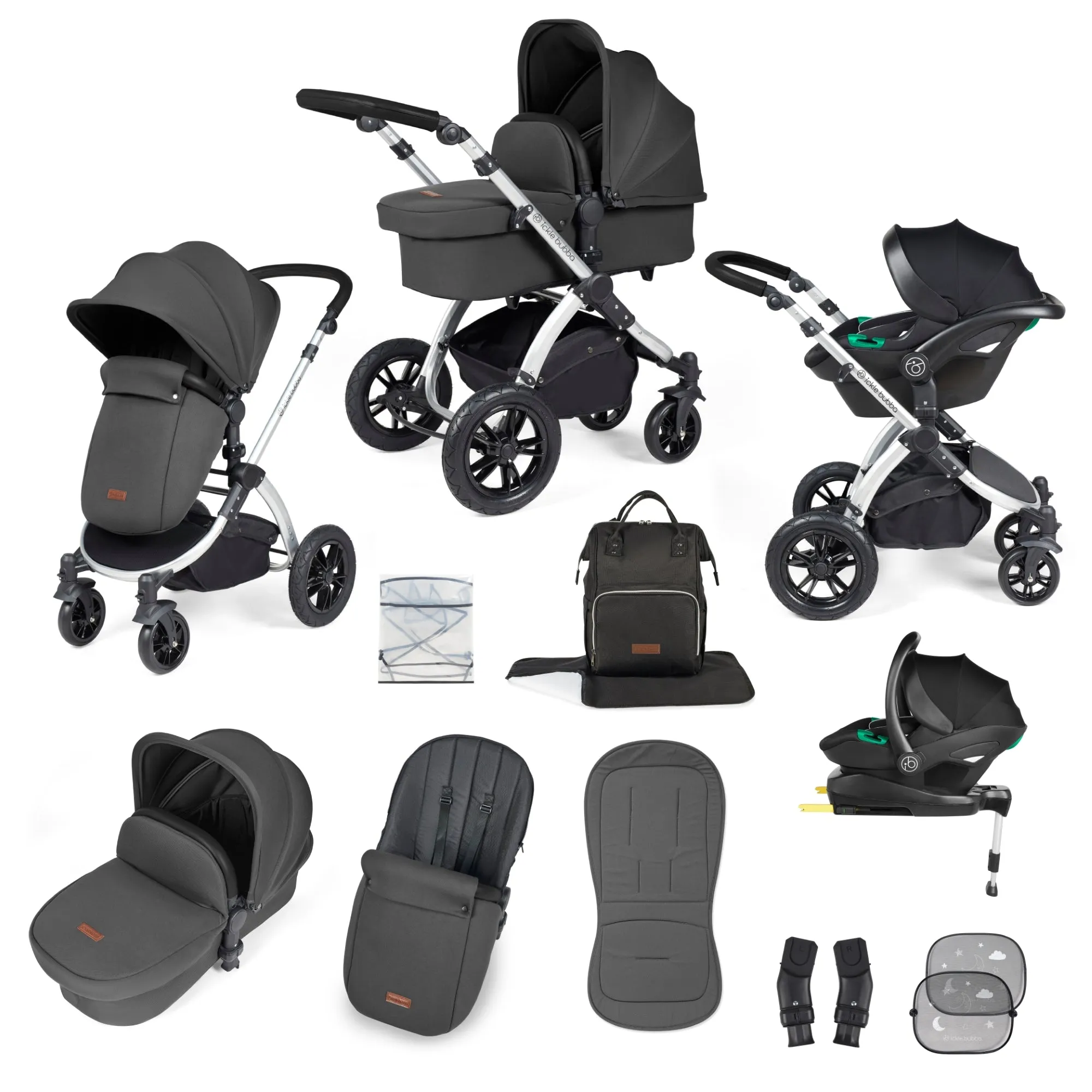 Ickle Bubba Stomp Luxe All-in-One I Size Travel System With Isofix Base (Stratus) Charcoal Grey on Silver