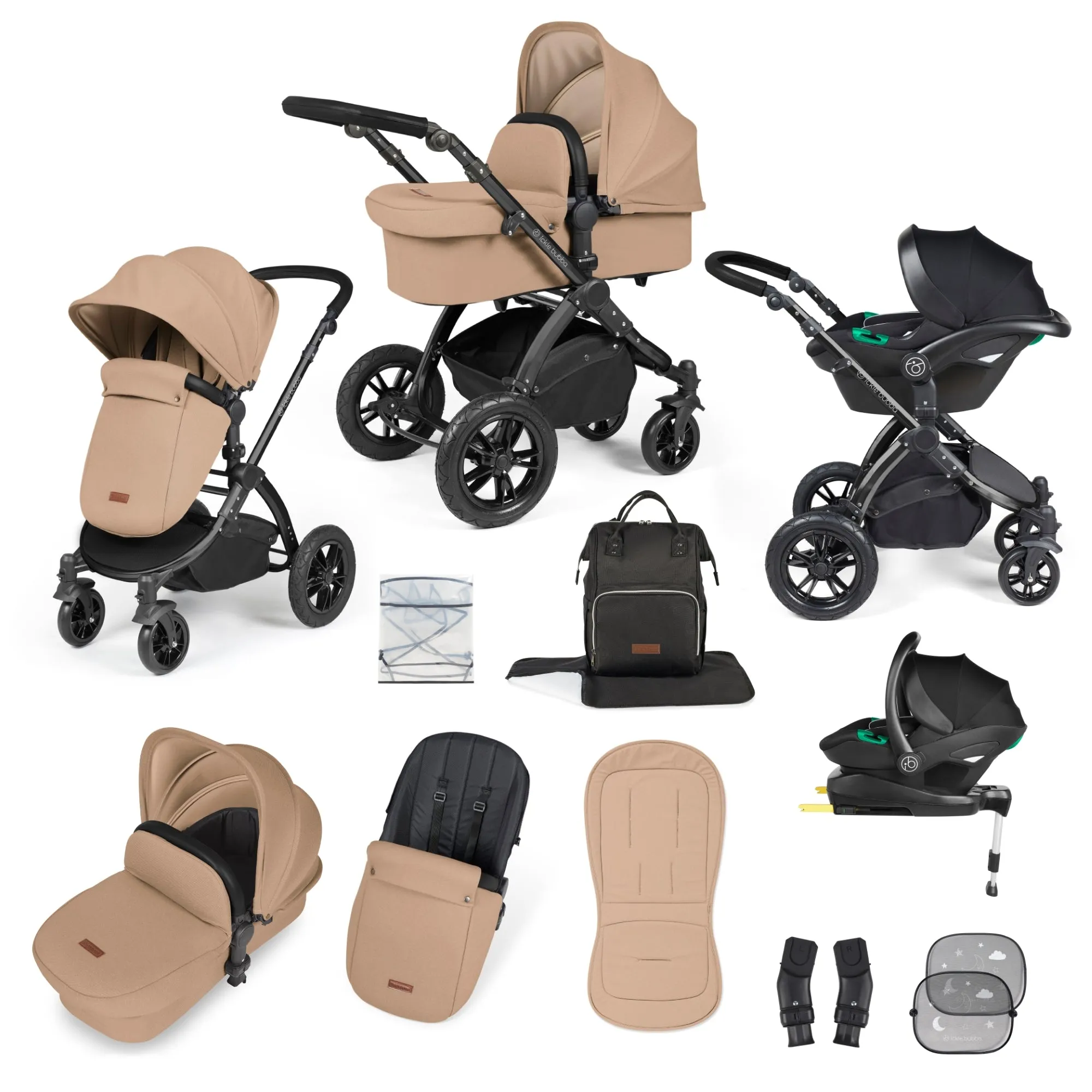 Ickle Bubba Stomp Luxe All-in-One I Size Travel System With Isofix Base (Stratus) Desert on Black