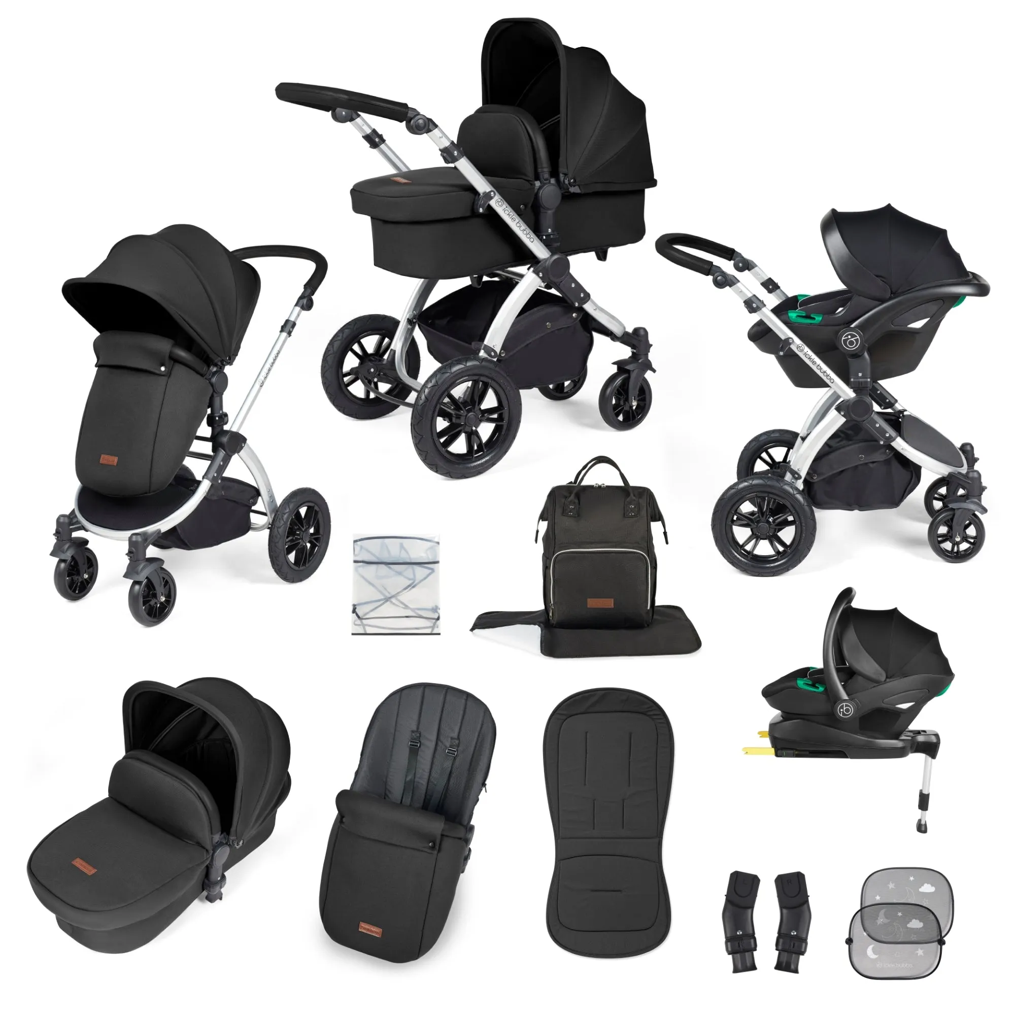 Ickle Bubba Stomp Luxe All-in-One I Size Travel System With Isofix Base (Stratus) Midnight on Silver