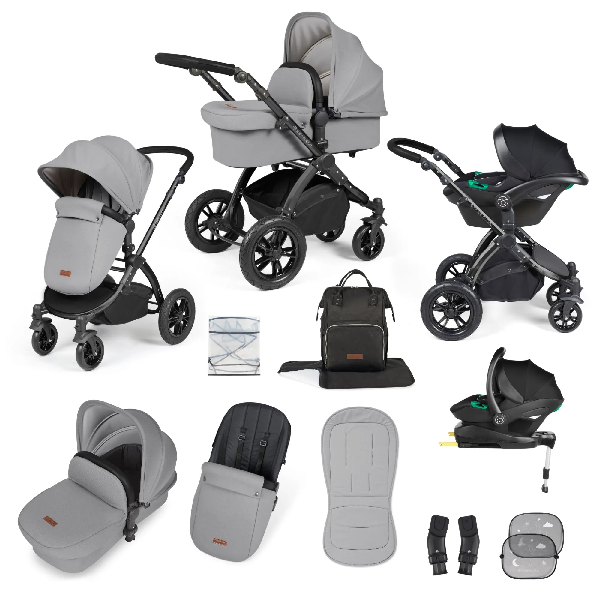 Ickle Bubba Stomp Luxe All-in-One I Size Travel System With Isofix Base (Stratus) Pearl Grey on Black