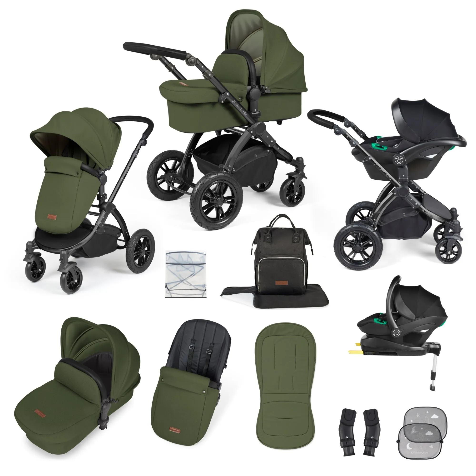 Ickle Bubba Stomp Luxe All-in-One I Size Travel System With Isofix Base (Stratus) Woodland on Black