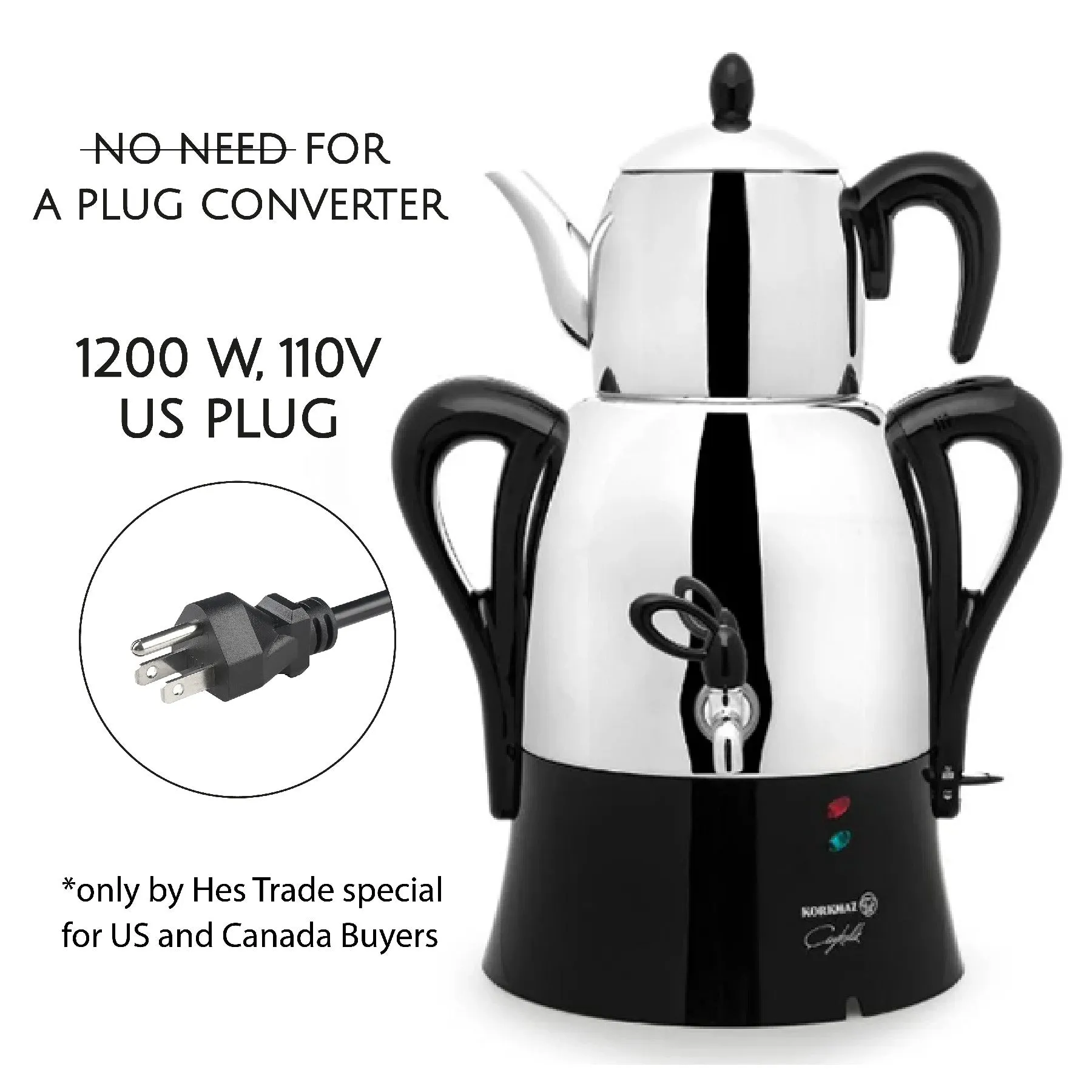 Korkmaz Caykolik A341-14 Stainless Steel Samovar, Electric Turkish Tea Maker, 110 V US Plug