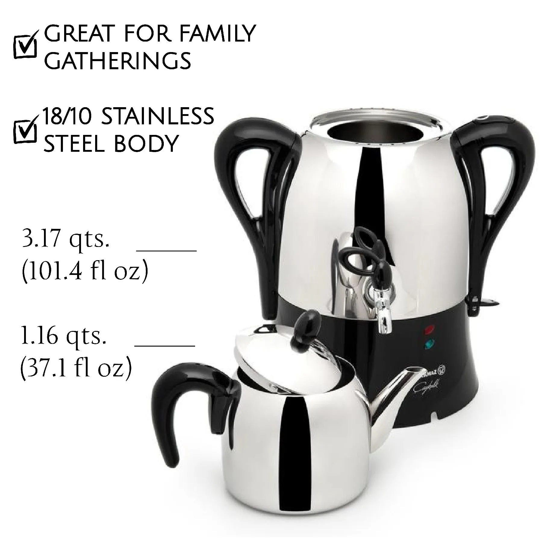 Korkmaz Caykolik A341-14 Stainless Steel Samovar, Electric Turkish Tea Maker, 110 V US Plug