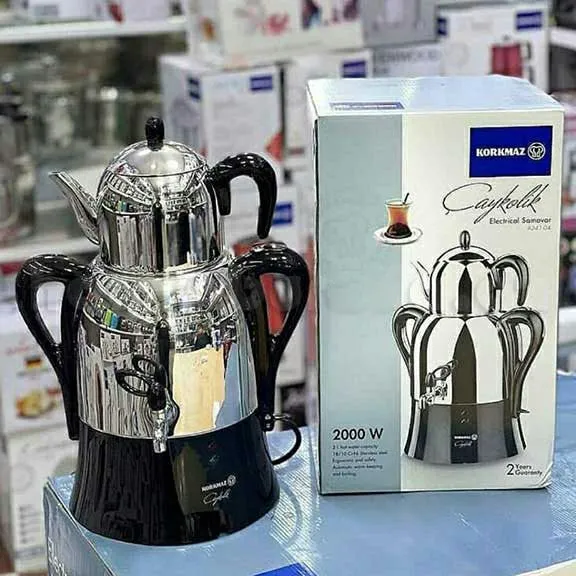 Korkmaz Caykolik A341-14 Stainless Steel Samovar, Electric Turkish Tea Maker, 110 V US Plug