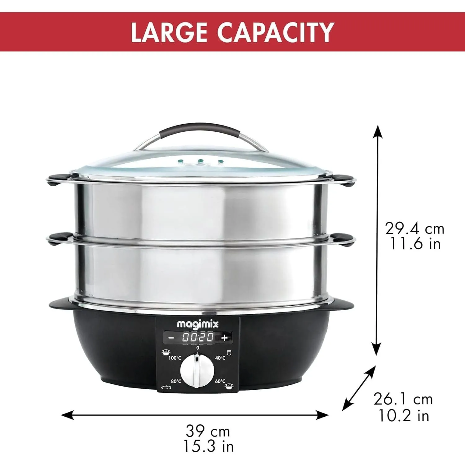 Magimix Multifunctional Food Steamer - 12.2L, 2 Tiers, Removable Base, Stainless Steel