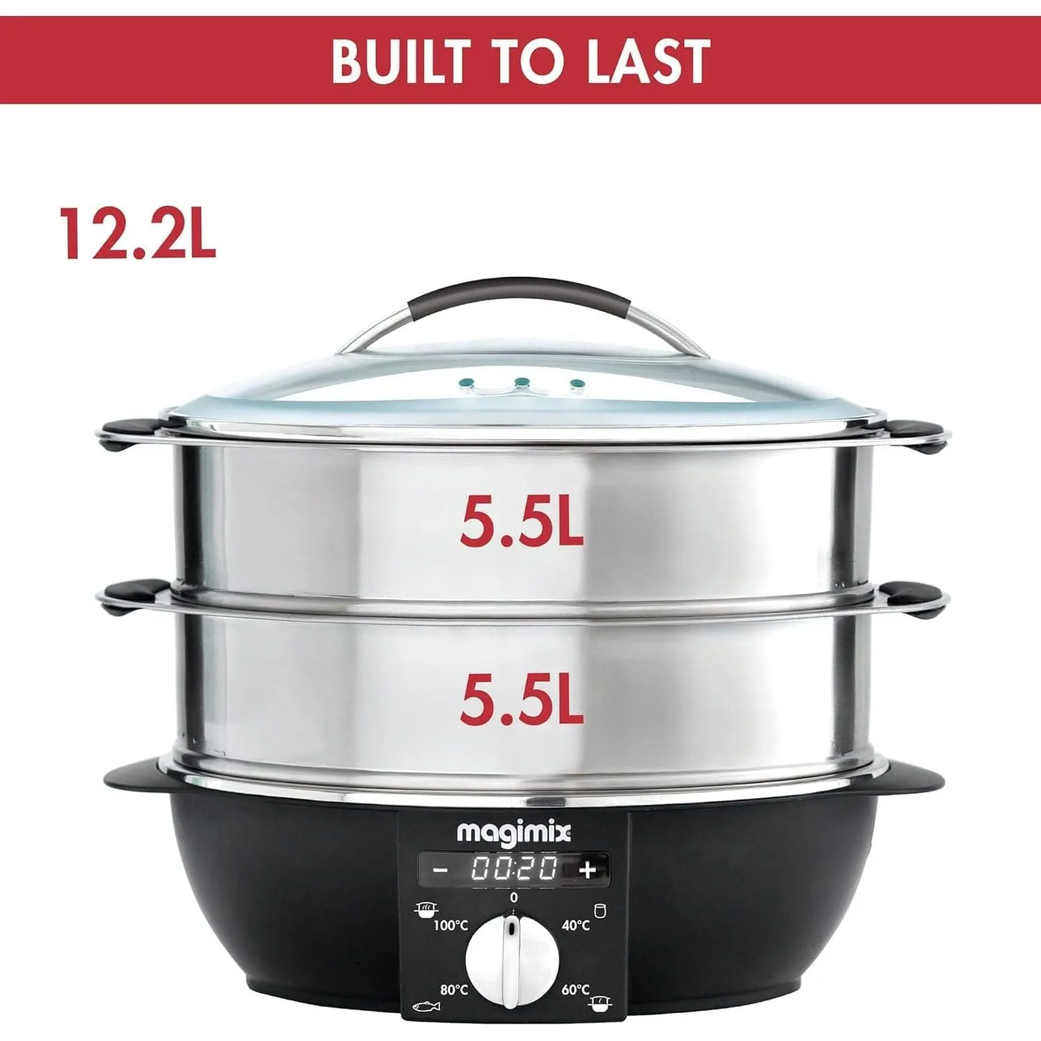Magimix Multifunctional Food Steamer - 12.2L, 2 Tiers, Removable Base, Stainless Steel