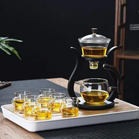 RORA Glass Teapot Set Semi Automatic Drip Rotating with Infuser Lazy Kungfu Tea pot Set (wooden)