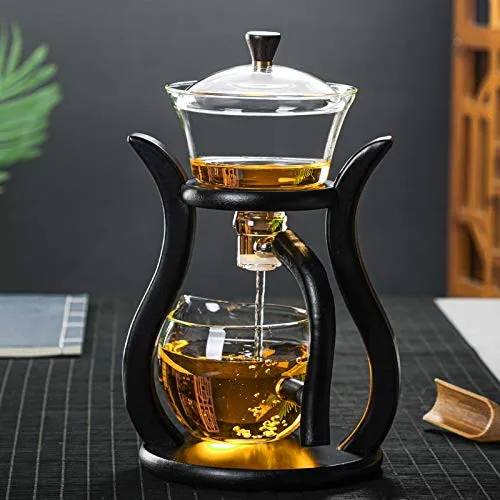 RORA Glass Teapot Set Semi Automatic Drip Rotating with Infuser Lazy Kungfu Tea pot Set (wooden)