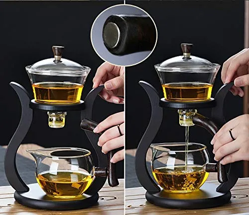 RORA Glass Teapot Set Semi Automatic Drip Rotating with Infuser Lazy Kungfu Tea pot Set (wooden)