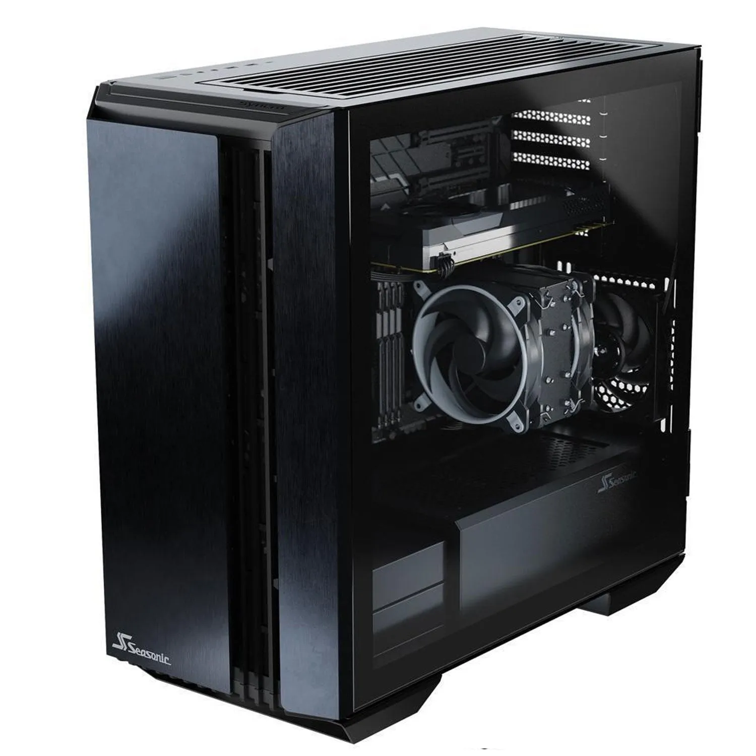 Seasonic SYNCRO Q704 Mid-Tower Case with SYNCRO DPC-850, 850W 80  Platinum, Reverse-ATX Design, CONNECT Module Cable Management Hub, Large Air Intake with Fan Control in Fanless and Cooling Mode, Side Glass Panel, Pre-installed 4 NIDEC Fans