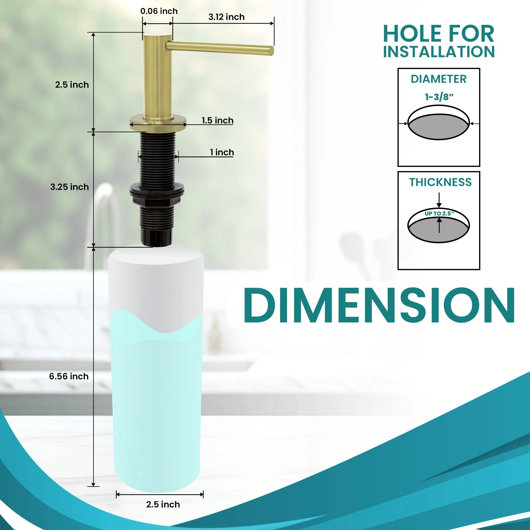 Soap Dispenser for Kitchen Sink, Brushed Gold Metpure Stainless Steel Countertop Pump with Below Counter Built in Refillable 17oz. Bottle for Soap / Lotion