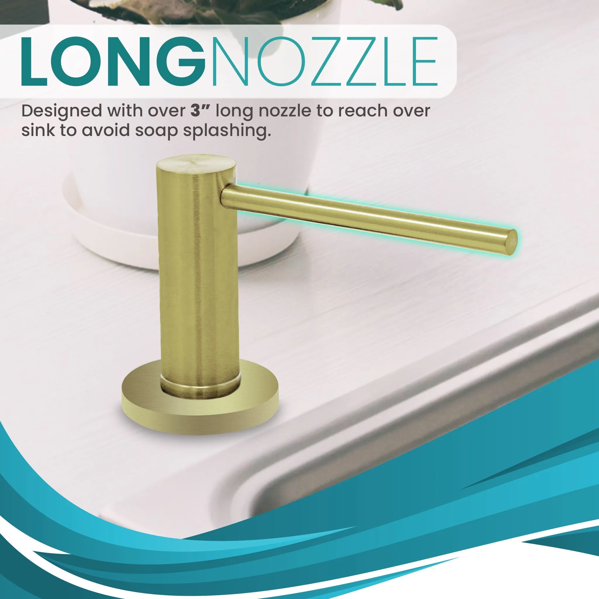Soap Dispenser for Kitchen Sink, Brushed Gold Metpure Stainless Steel Countertop Pump with Below Counter Built in Refillable 17oz. Bottle for Soap / Lotion