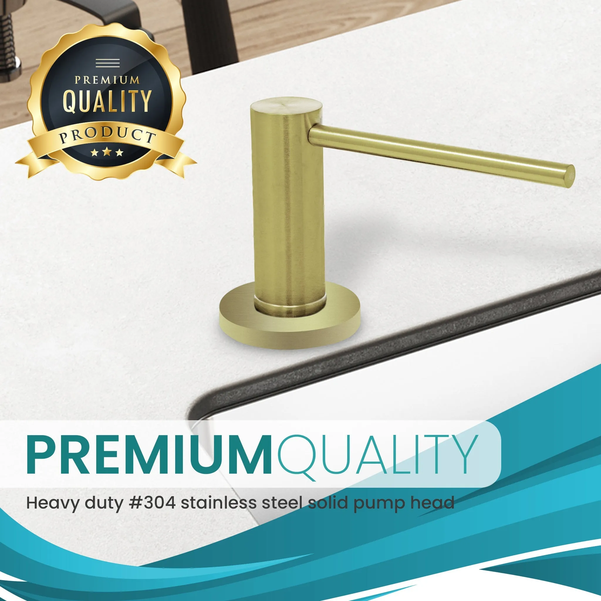 Soap Dispenser for Kitchen Sink, Brushed Gold Metpure Stainless Steel Countertop Pump with Below Counter Built in Refillable 17oz. Bottle for Soap / Lotion