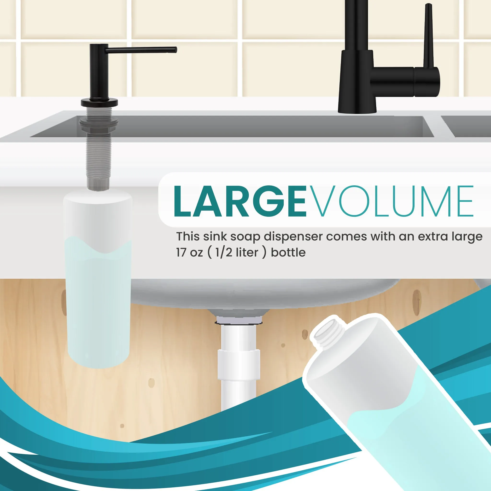 Soap Dispenser for Kitchen Sink, Matte Black Metpure Stainless Steel Countertop Pump with Below Counter Built in Refillable 17oz. Bottle for Soap / Lotion