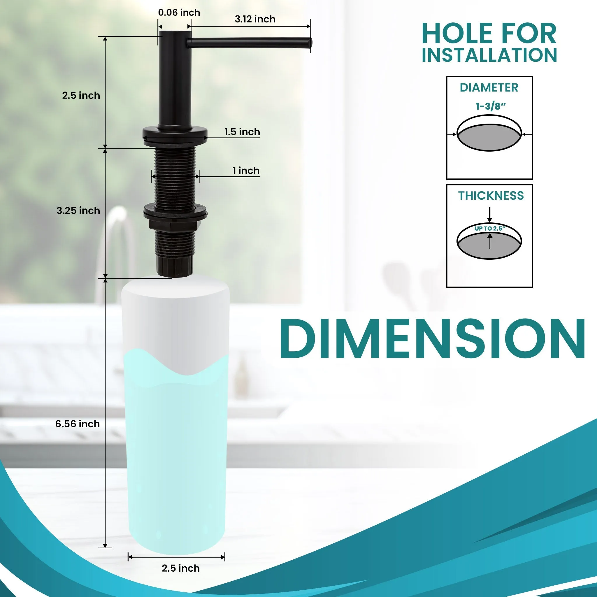 Soap Dispenser for Kitchen Sink, Matte Black Metpure Stainless Steel Countertop Pump with Below Counter Built in Refillable 17oz. Bottle for Soap / Lotion