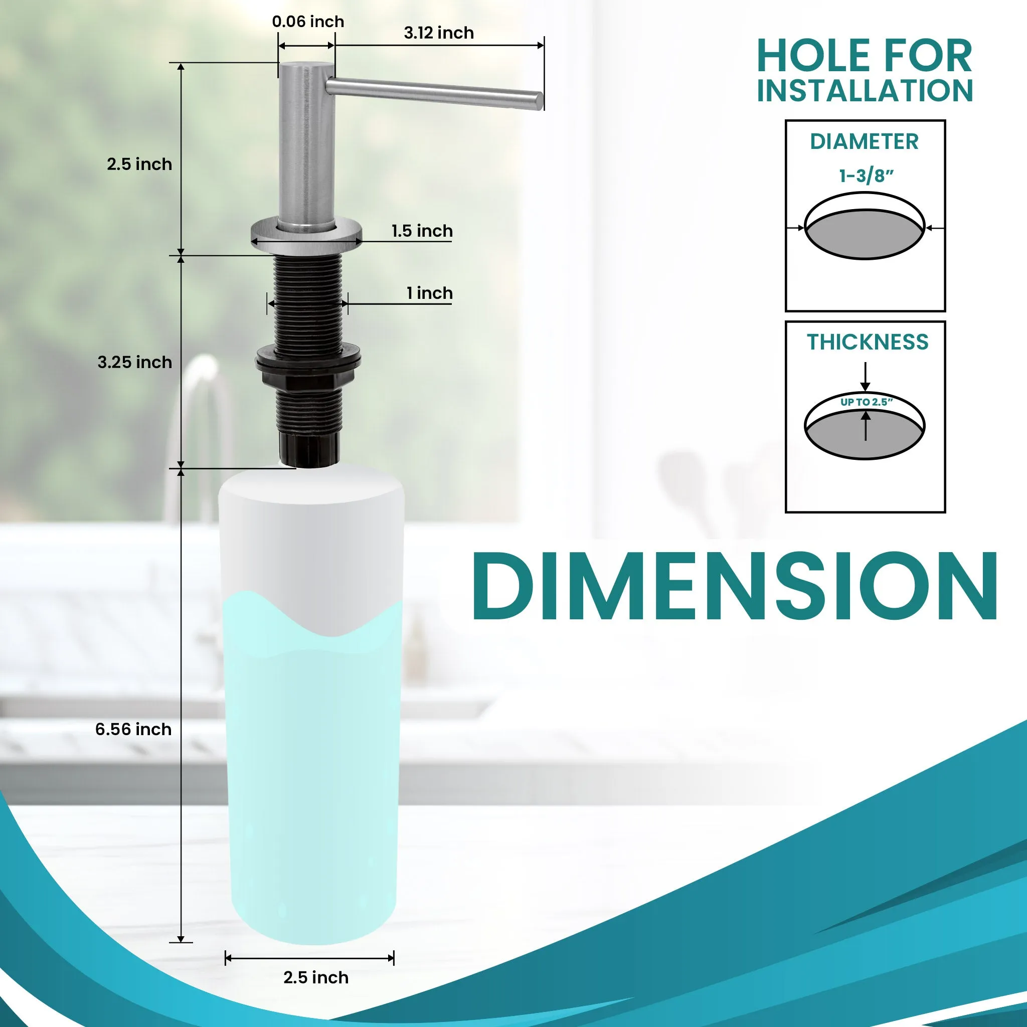 Soap Dispenser for Kitchen Sink, Metpure Stainless Steel Countertop Pump with Below Counter Built in Refillable 17oz. Bottle for Soap / Lotion