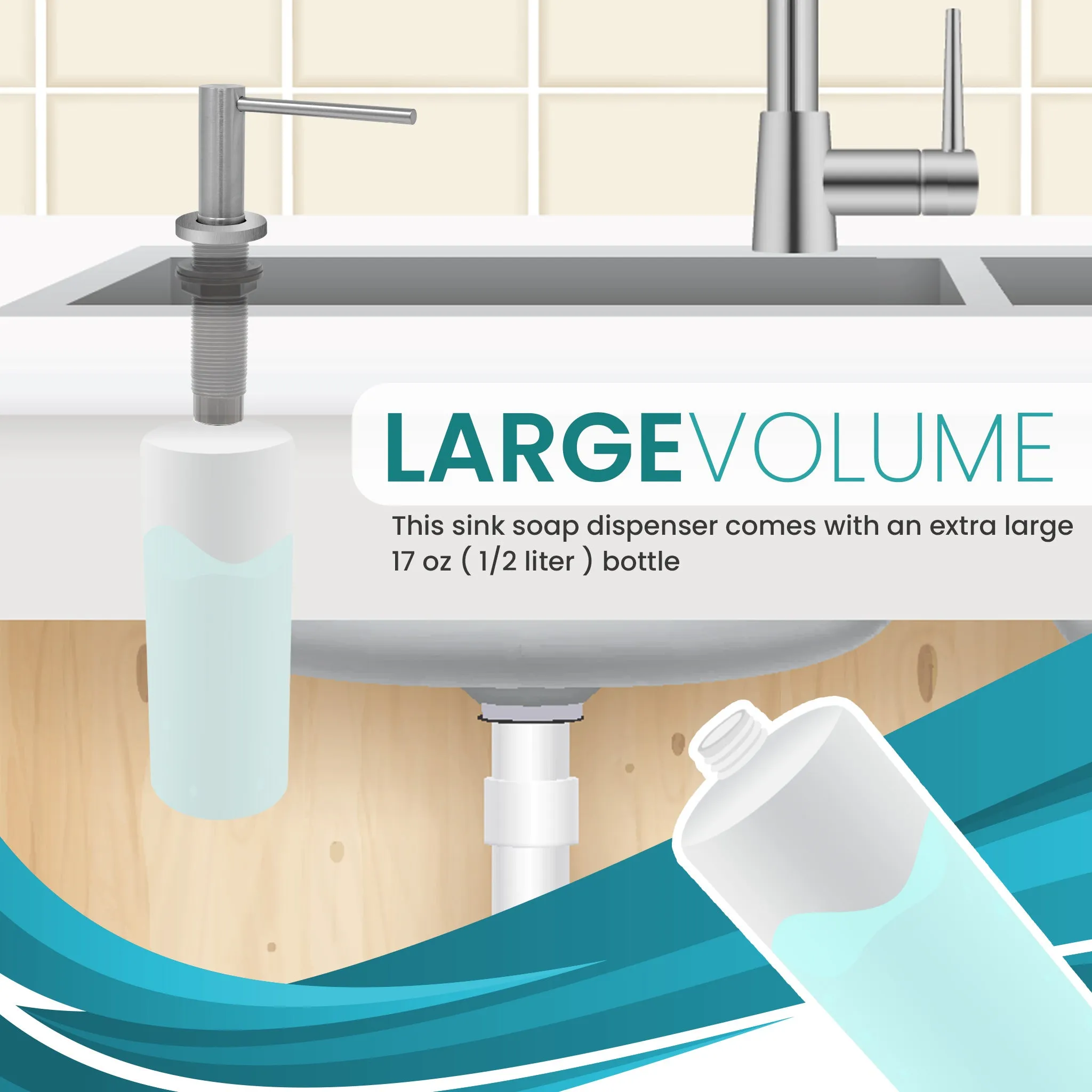 Soap Dispenser for Kitchen Sink, Metpure Stainless Steel Countertop Pump with Below Counter Built in Refillable 17oz. Bottle for Soap / Lotion