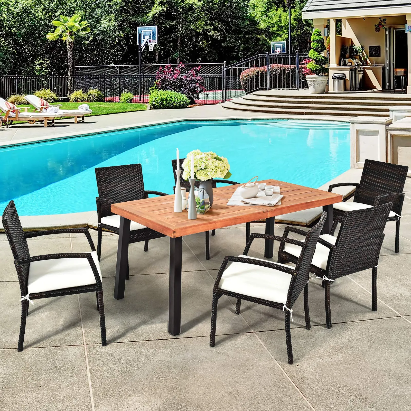 Tangkula 7 Pieces Outdoor Dining Set, Acacia Wood Patio Dining Table w/ 6 Cushioned Rattan Armrest Chairs