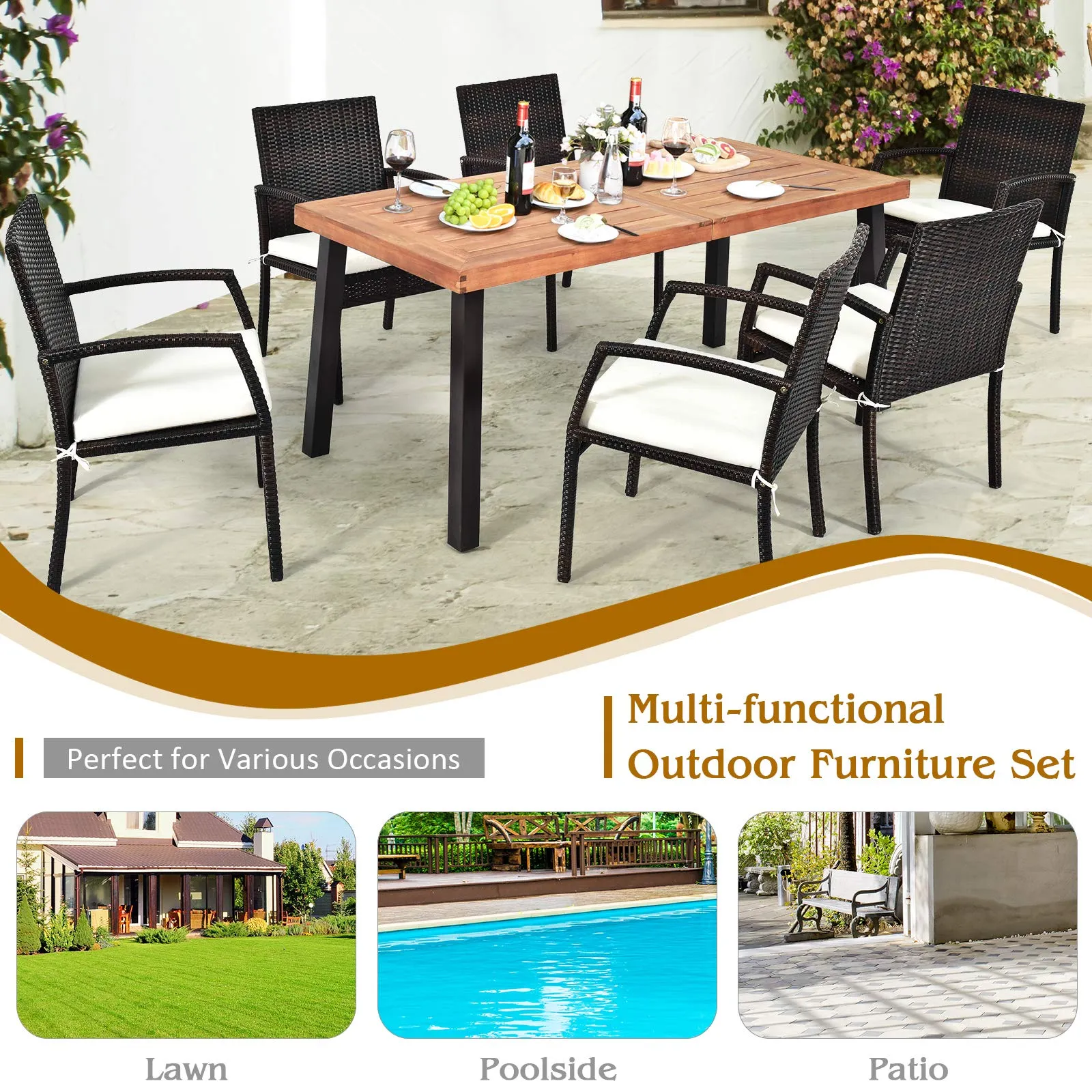 Tangkula 7 Pieces Outdoor Dining Set, Acacia Wood Patio Dining Table w/ 6 Cushioned Rattan Armrest Chairs