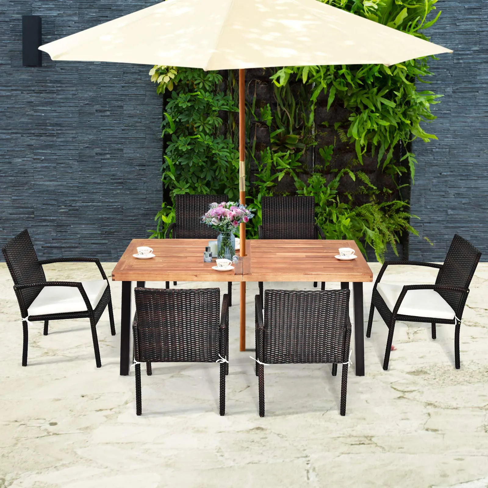 Tangkula 7 Pieces Outdoor Dining Set, Acacia Wood Patio Dining Table w/ 6 Cushioned Rattan Armrest Chairs