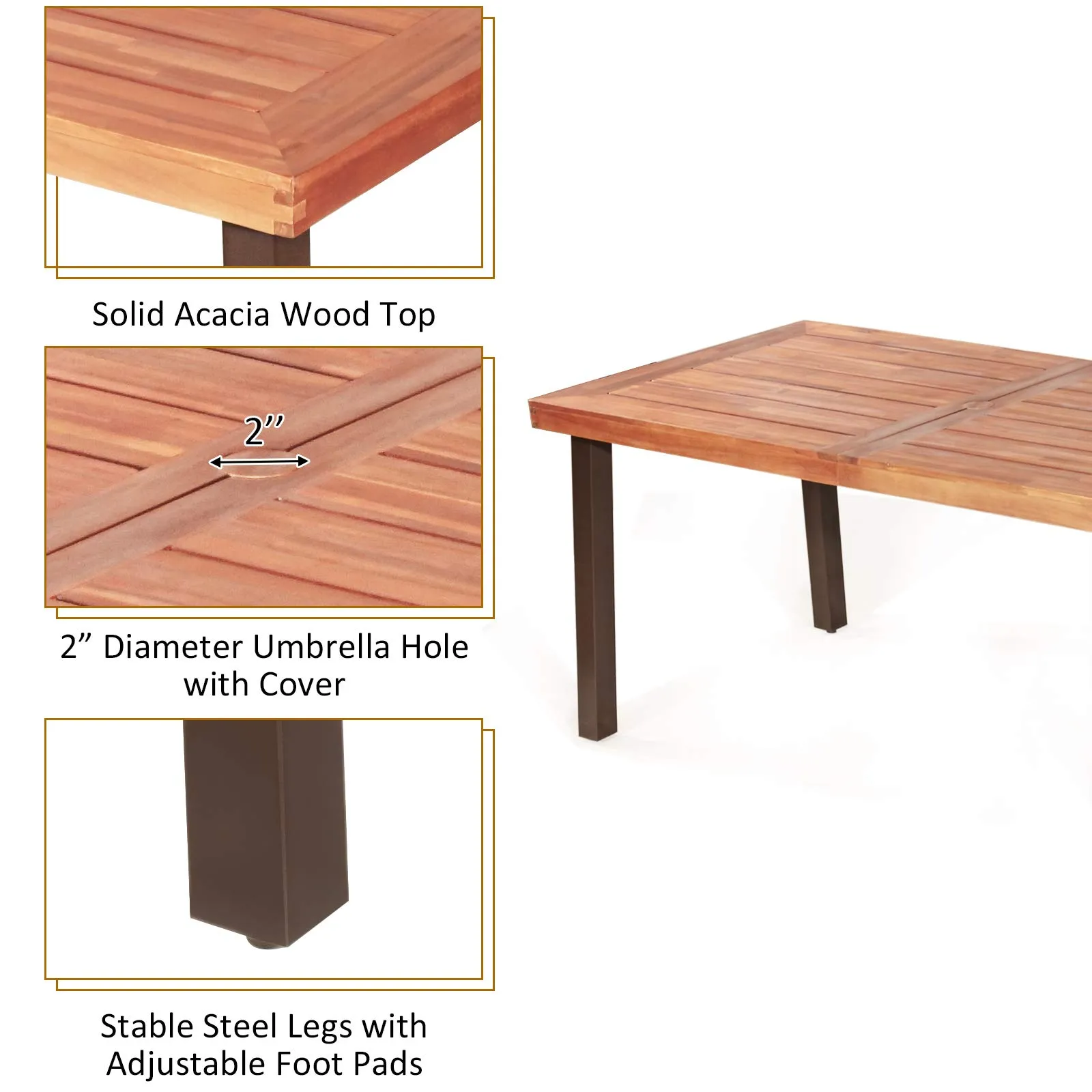 Tangkula 7 Pieces Outdoor Dining Set, Acacia Wood Patio Dining Table w/ 6 Cushioned Rattan Armrest Chairs