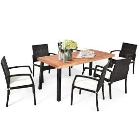 Tangkula 7 Pieces Outdoor Dining Set, Acacia Wood Patio Dining Table w/ 6 Cushioned Rattan Armrest Chairs