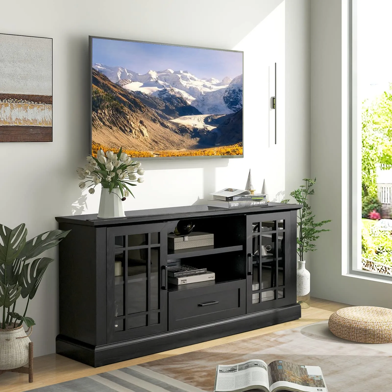 Tangkula Farmhouse TV Stand for TV up to 70 Inch, Tall Media Console Table with 2 Glass Doors