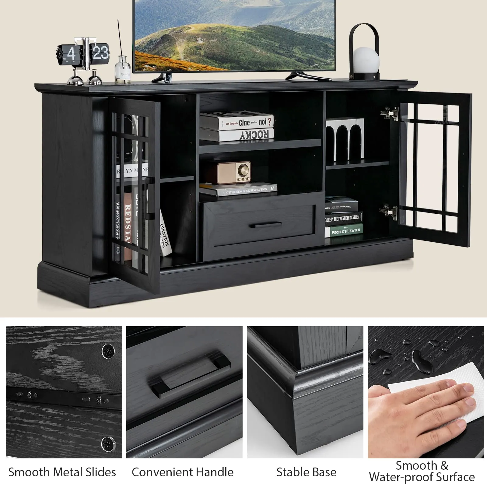 Tangkula Farmhouse TV Stand for TV up to 70 Inch, Tall Media Console Table with 2 Glass Doors