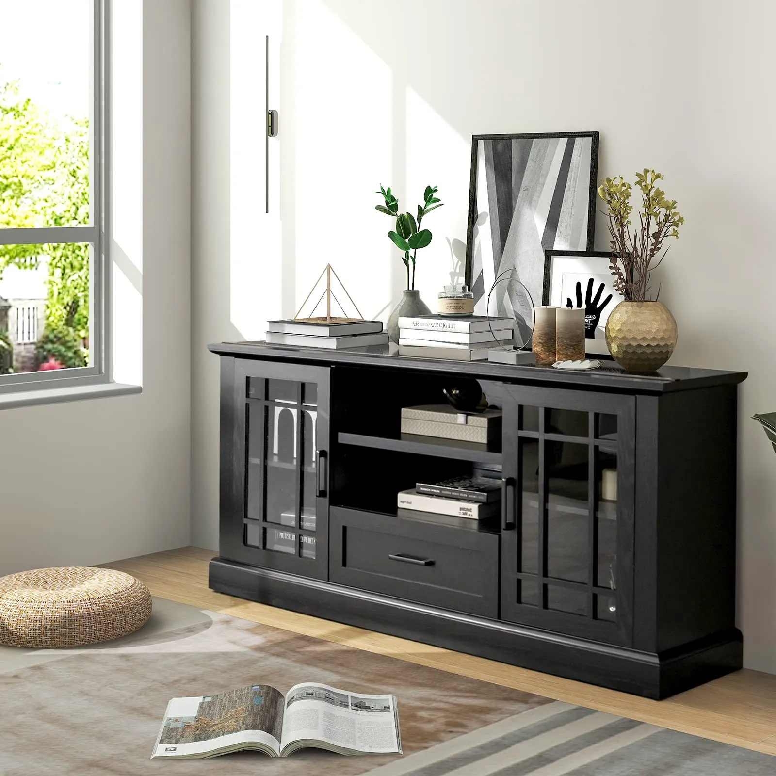 Tangkula Farmhouse TV Stand for TV up to 70 Inch, Tall Media Console Table with 2 Glass Doors
