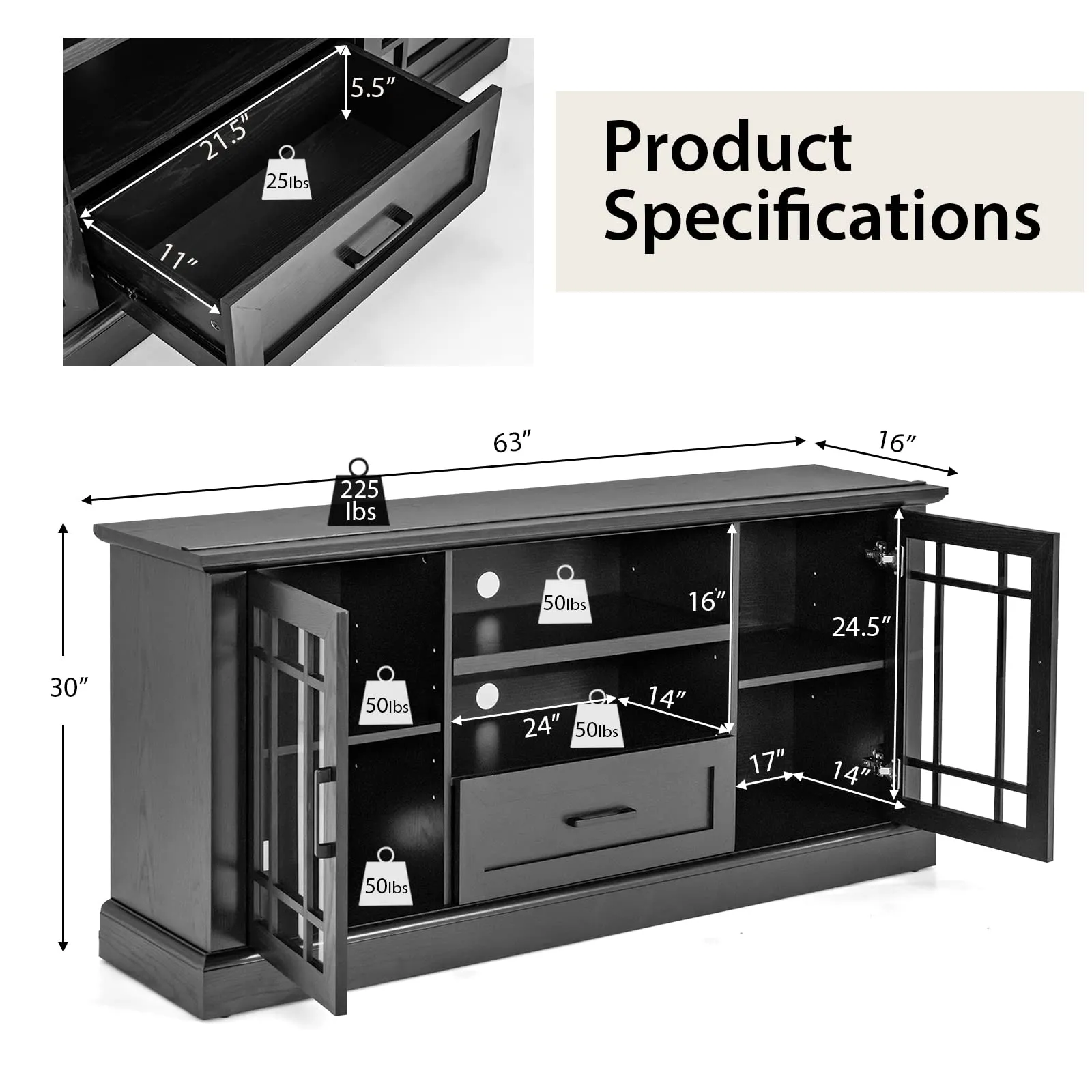 Tangkula Farmhouse TV Stand for TV up to 70 Inch, Tall Media Console Table with 2 Glass Doors