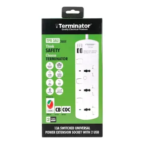 Terminator 3 Way Universal Power Extension Socket with Individual Switches & Indicators 2USB 3M 13A Esma Approved