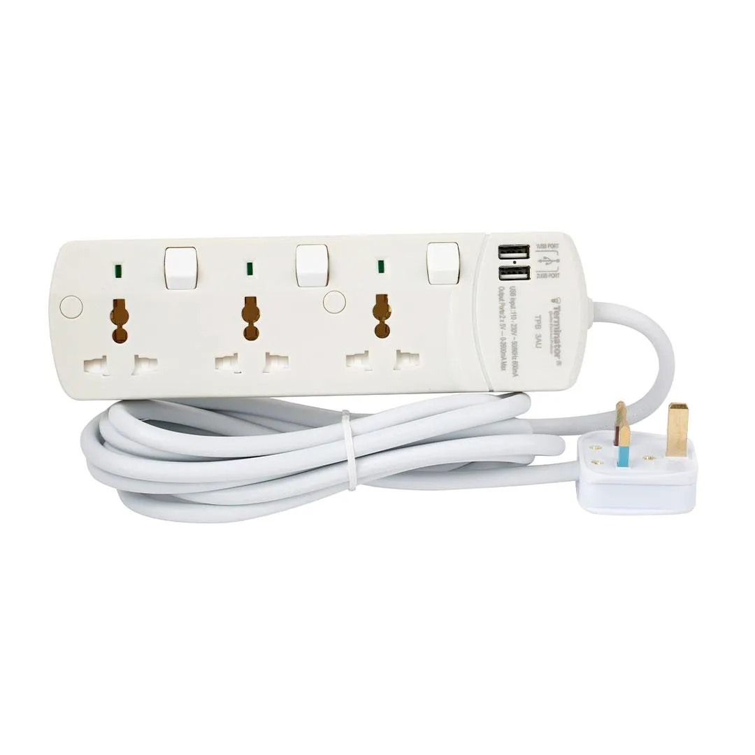 Terminator 3 Way Universal Power Extension Socket with Individual Switches & Indicators 2USB 3M 13A Esma Approved