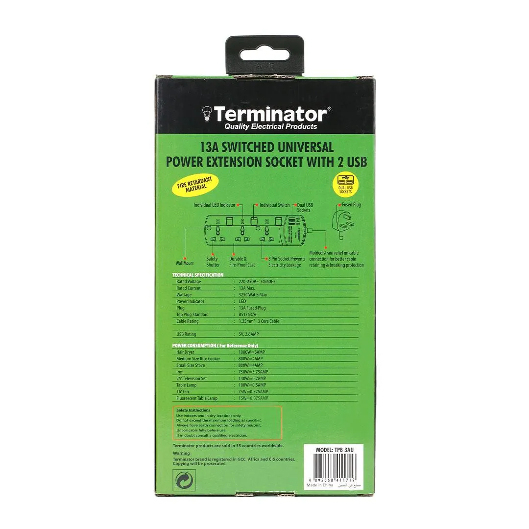 Terminator 3 Way Universal Power Extension Socket with Individual Switches & Indicators 2USB 3M 13A Esma Approved