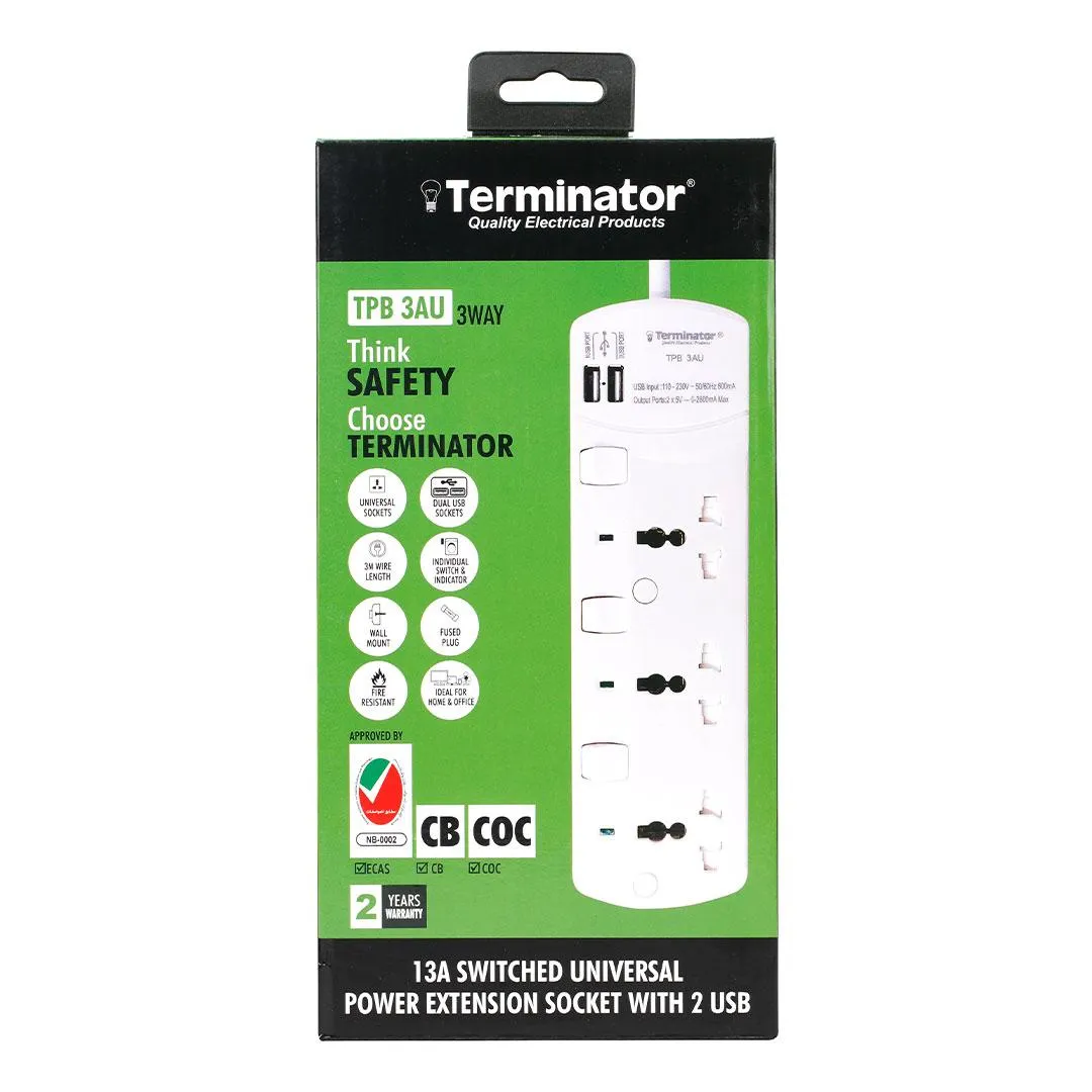 Terminator 3 Way Universal Power Extension Socket with Individual Switches & Indicators 2USB 3M 13A Esma Approved
