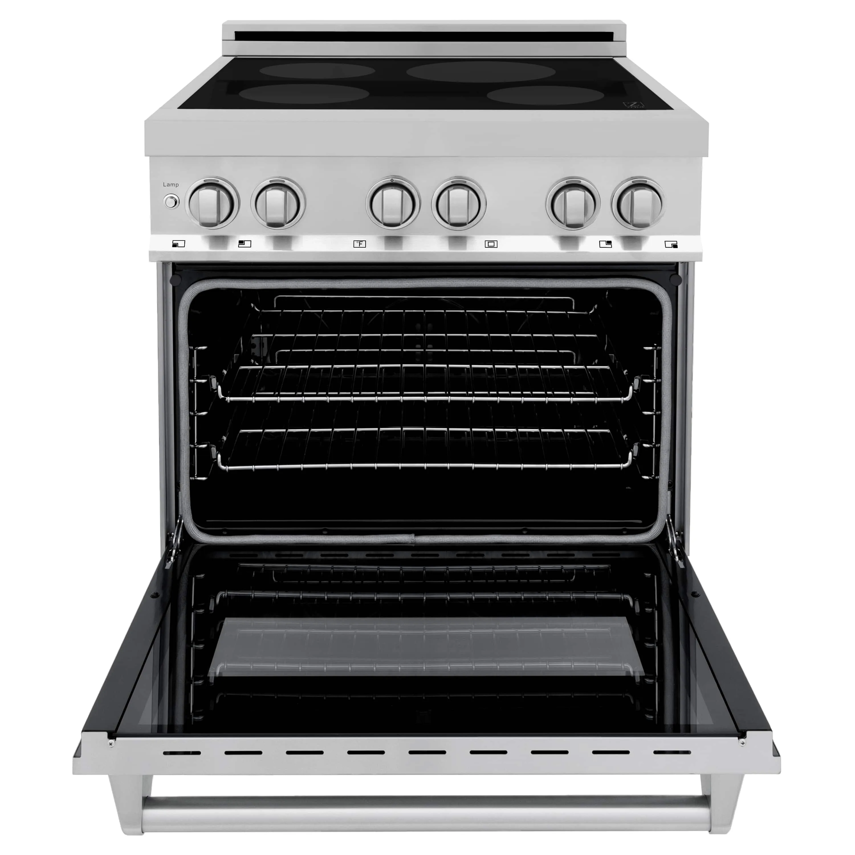 ZLINE 4-Piece Appliance Package - 30-Inch Induction Range, Wall Mount Range Hood, French Door Refrigerator with Water Dispenser, and Dishwasher in Stainless Steel